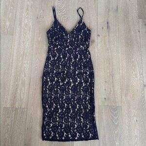 AKIRA Tan and Navy Lace Slip Spaghetti Strap Midi Dress